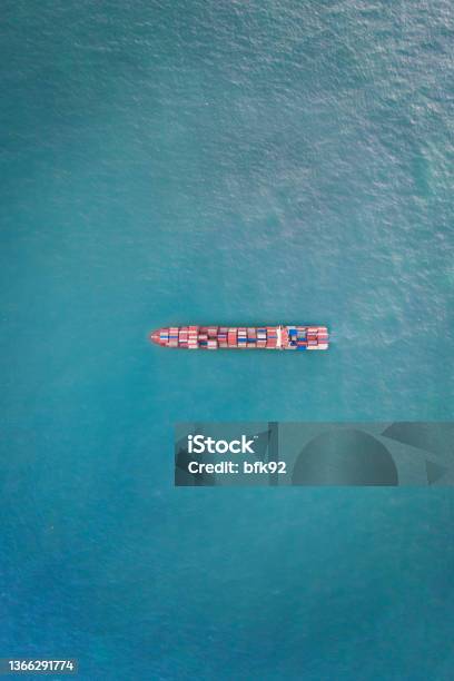 Cargo Ship In The Ocean Stock Photo - Download Image Now - Container Ship, High Angle View, Cargo Container