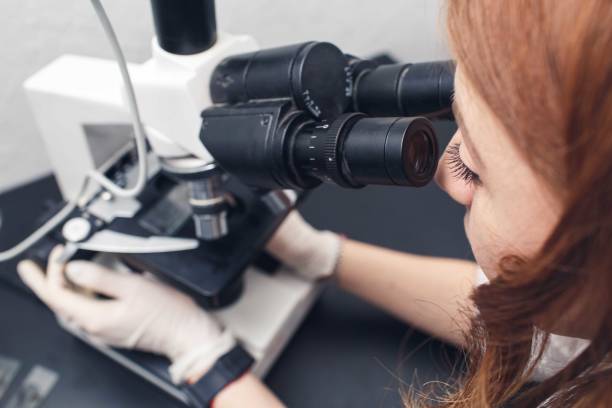 istock female laboratory assistant examines with a microscope in a chemical laboratory 1366293695
