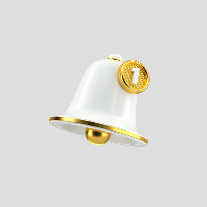 Golden Minimal Notification bell icon on isolated white background. One new notification concept. Social Media element. 3d rendering