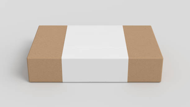 istock Flat box mock up with blank paper cover label: cardboard gift box on white background. 1366297739