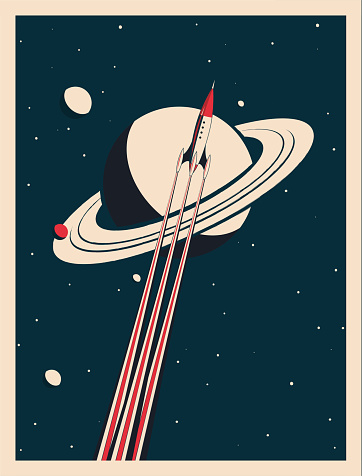 vintage rocket with rainbow stripes flying to the Saturn. Copy space for designer.