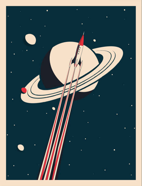 vintage rocket poster vintage rocket with rainbow stripes flying to the Saturn. Copy space for designer. planetary moon illustrations stock illustrations