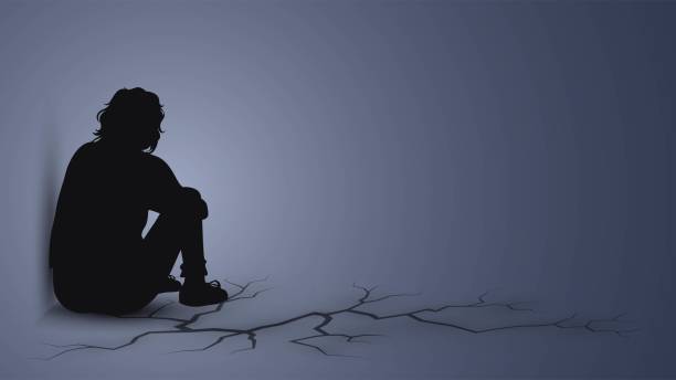 Depression Person silhouette sitting on the floor, depression concept despair stock illustrations