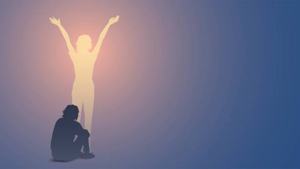 depression or joy Silhouette of a depressed person sitting on the floor and happy one sadness stock illustrations