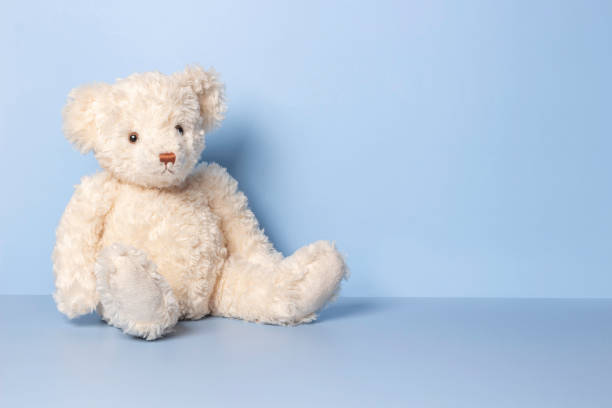 Toy background. White teddy bear sitting on light blue background. Front view Toy background. White teddy bear sitting on light blue background. Front view. behavior teddy bear doll old stock pictures, royalty-free photos & images
