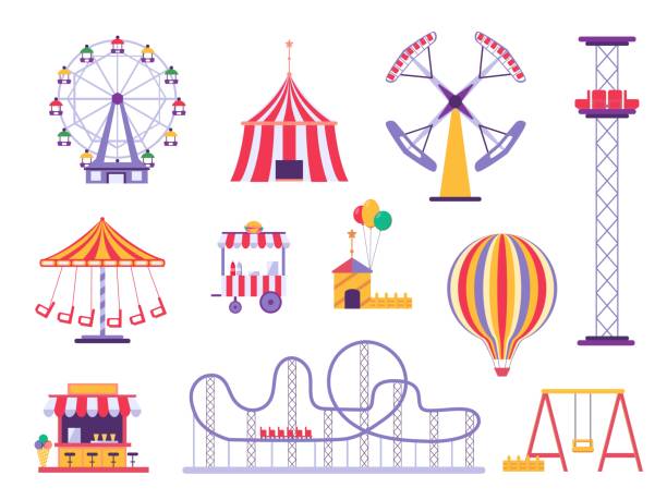 Flat amusement park roller coaster, circus tent and hot air balloon. Festival carnival ferris wheel, food kiosk and attractions vector set vector art illustration