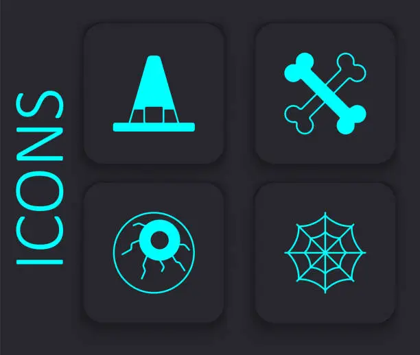 Vector illustration of Set Spider web, Witch hat, Crossed bones and Eye icon. Black square button. Vector