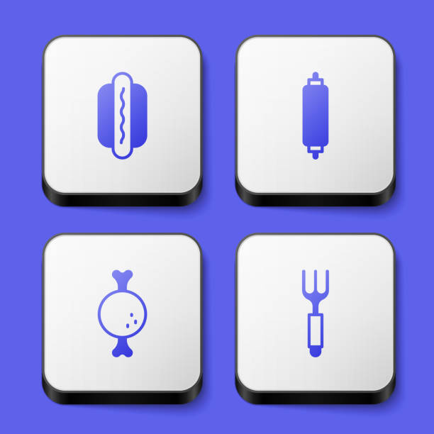 ilustraciones, imágenes clip art, dibujos animados e iconos de stock de configura el icono de hotdog, rolling pin, chicken leg y fork. botón cuadrado blanco. vector - rolling fork