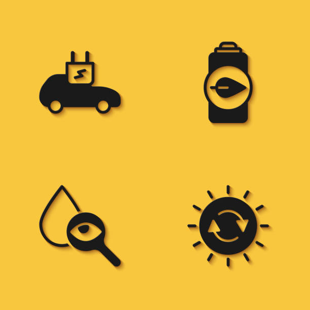 ilustrações de stock, clip art, desenhos animados e ícones de set electric car, solar energy panel, drop and magnifying glass and eco nature leaf battery icon with long shadow. vector - drop solar panel symbol leaf