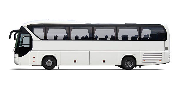Empty white tour bus with no driver or passengers White coach bus isolated with drop shadow. bus stock pictures, royalty-free photos & images