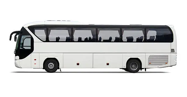 White coach bus isolated with drop shadow.