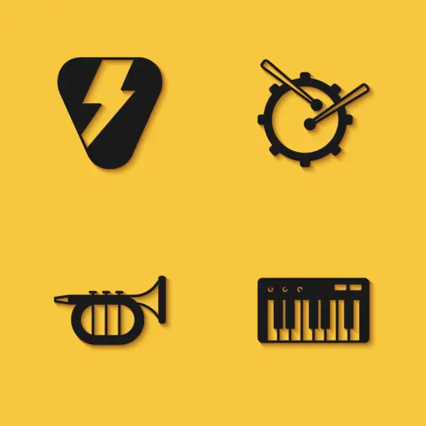 Vector illustration of Set Guitar pick, Music synthesizer, Trumpet and Drum with drum sticks icon with long shadow. Vector