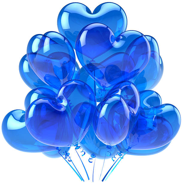 Birthday balloons blue translucent heart shaped cyan decoration for party celebration. Romantic Love greeting card design element. Male feeling concept. Detailed 3d render. Isolated on white background