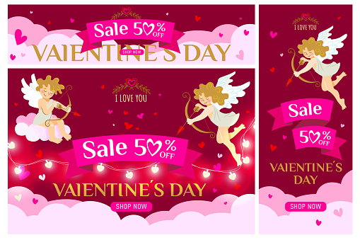 Valentine's Day Sale 50% Discount Poster or Banner with Many Hearts and Cute Cupids and a Glowing Garland on a Dark Red Background. Promotion and shopping template or background for love and valentine's day concept