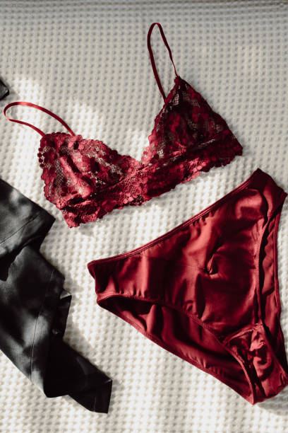 istock Red Lace Bralette and Red Satin High Waisted Briefs on White Background 1366309303