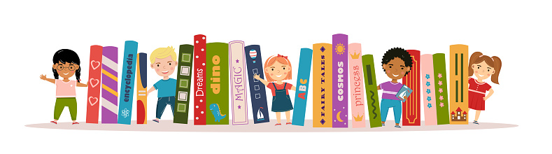 Horizontal banner with childrens and books. Boys and girls are standing near books. Books for childrens and kids. I love reading. Children's book day, festival. Poster for store, shop, library