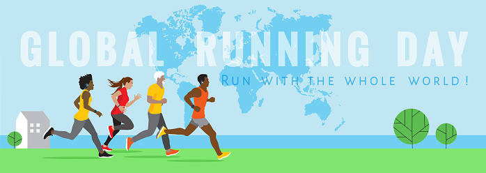Global running Day in June, vector banner design. Run with the whole world! quote. Diverse young and old people, group of men and women are jogging, training outdoor in a park near the river or  lake.