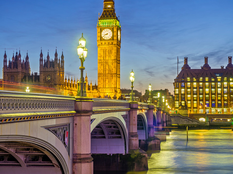 Houses of Parliament and Westminster Bridge in London, UK