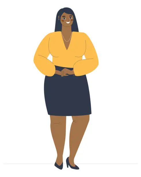 Vector illustration of Beautiful dark-skinned smiling woman full of confidence. One girl stands isolated on a white background.