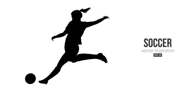 illustrations, cliparts, dessins animés et icônes de joueuse de football femme en action isolé fond blanc. illustration vectorielle - kicking