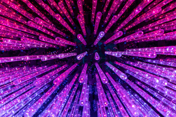 istock Look up view to multiple sets of purple LED lights attached to the ceiling, abstract backgound 1366312662