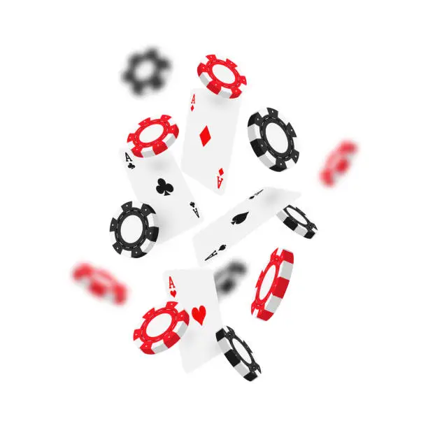 Vector illustration of Flying casino chips and cards. Black and red poker chips are falling down. Poker chips and cards on white background with bokeh effect. Flying casino gaming tokens