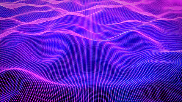 Technology background with connected dots on 3D wave landscape. Data science, particles, digital world, virtual reality, cyberspace, metaverse concept. Technology background with connected dots on 3D wave landscape. Data science, particles, digital world, virtual reality, cyberspace, metaverse concept. purple illustrations stock illustrations