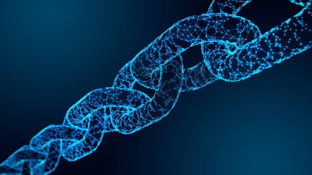 ilustrații de stoc cu tehnologia cripto blockchain simbolizează lanțul de blocuri în registrul digital pentru criptomonedă, cum ar fi bitcoin sau ethereum. securitatea și criptarea datelor. noduri conectate, fintech. fundal abstract. - lanţ