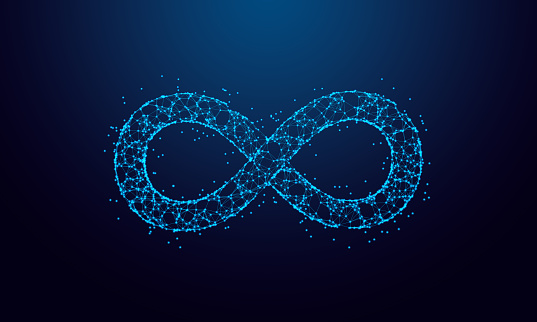DevOps infinity symbol for agile software development and operations methodology made with connected particles. Background or banner for technology process life cycle.
