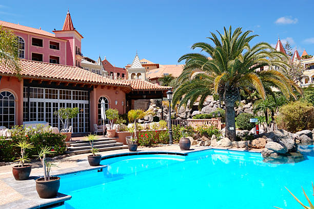 Swimming pool near restaurant at luxury hotel, Tenerife island, Spain