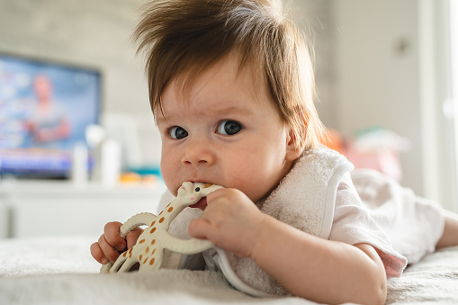 Small caucasian baby four or five months old having teeth growing issues teething pain while holding a bite toy looking to the camera lying on the bed with teether at home