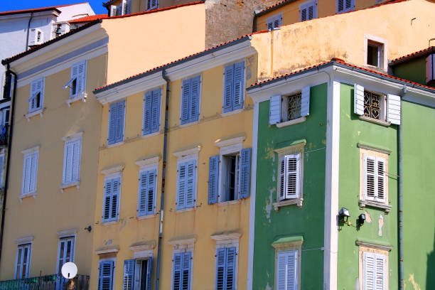Traditional buildings in Piran, Slovenia. Piran in southwestern Slovenia on the Gulf of Piran on the Adriatic Sea.