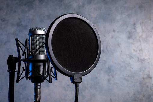 Microphone. Condenser microphone. Black microphone. Banner