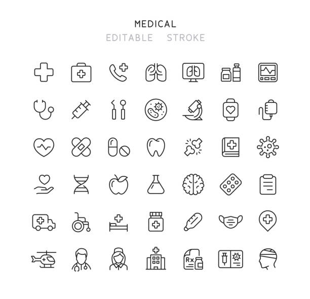ilustraciones, imágenes clip art, dibujos animados e iconos de stock de 42 colección de iconos de línea médica trazo editable - salud