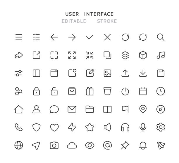 ilustrações de stock, clip art, desenhos animados e ícones de 63 new big collection of web user interface line icons editable stroke - interface icons