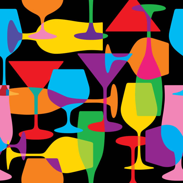 Abstract Cocktail Glasses Seamless Pattern Vector seamless pattern of vibrant colored cocktail glasses on a square black background. cocktail patterns stock illustrations