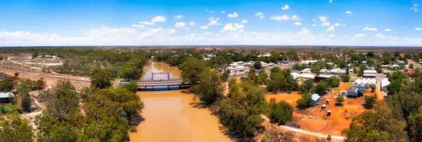 Watercourse of Darling river around remote Wilcannia town on Barrier highway in Australian outback.