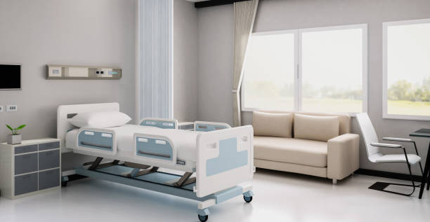 hospital interior in recovery or inpatient room 3d rendering hospital interior in recovery or inpatient room with bed and amenities inpatient stock pictures, royalty-free photos & images