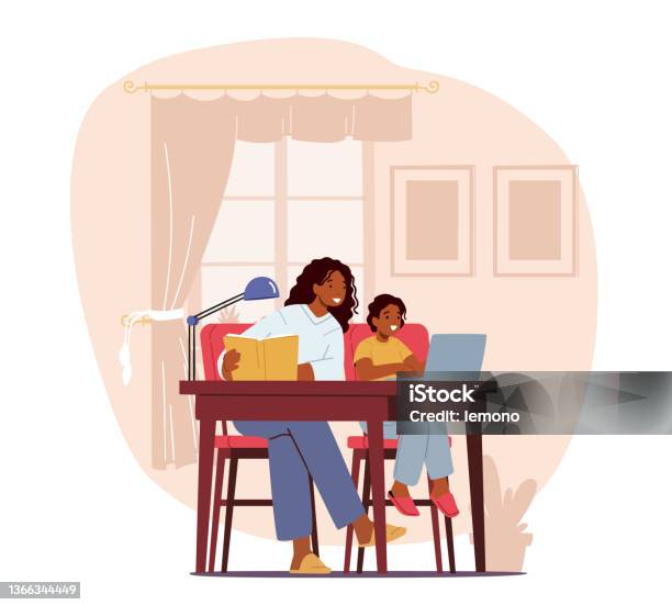 Zajęcia Edukacyjne Dla Matki I Syna Oraz Obejrzyj Webinarium Na Laptopie W Domu Rodzic Lub Nauczyciel I Chłopiec Uczą Się Razem - Stockowe grafiki wektorowe i więcej obrazów Dziecko