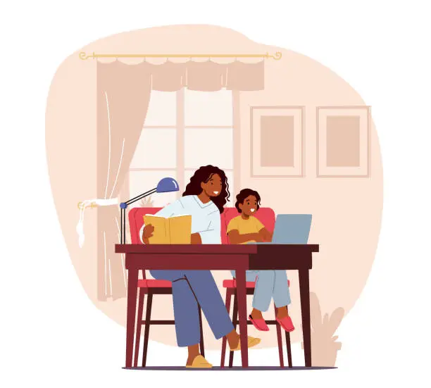 Vector illustration of Mother and Son Learning Classes and Watch Webinar on Laptop at Home. Parent or Teacher and Kid Boy Study Together