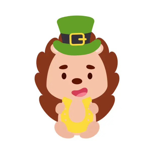 Vector illustration of Cute hedgehog St. Patrick's Day leprechaun hat holds horseshoe. Irish holiday folklore theme. Cartoon design for cards, decor, shirt, invitation. Vector stock illustration.