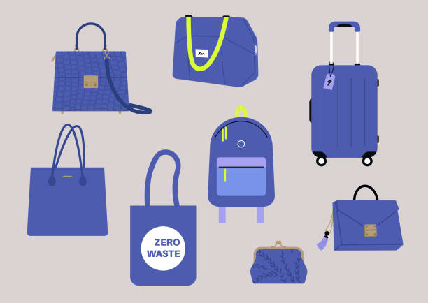 ein set blauer taschen in verschiedenen größen und stilen, lässig und ausgefallen, reisen und sport - purse stock-grafiken, -clipart, -cartoons und -symbole