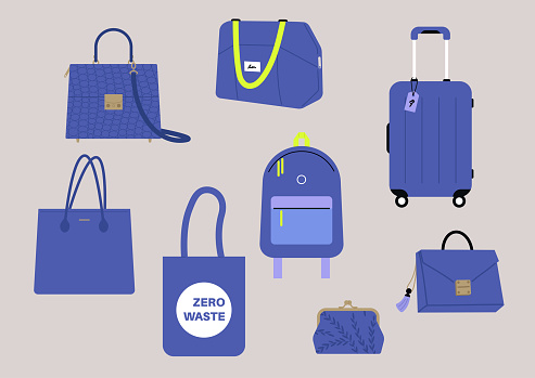 A set of blue bags of different size and style, casual and fancy, travel and sport
