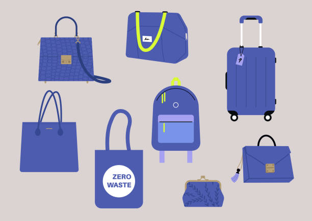 A set of blue bags of different size and style, casual and fancy, travel and sport A set of blue bags of different size and style, casual and fancy, travel and sport travel bag vector stock illustrations
