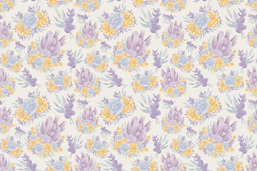 A magical, seamless pattern of purple crystal illustrations, decorated with a composition, a bouquet of succulent flowers on a beige background