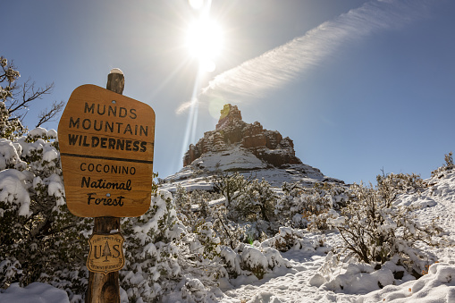 SEDONA, AZ/USA - JANUARY 27, 2021: Munds Mountain Wilderness Coconino National Forest and  and US Forest Service sign at the trailhead of Bell Rock hiking trail in Sedona, Arizona.