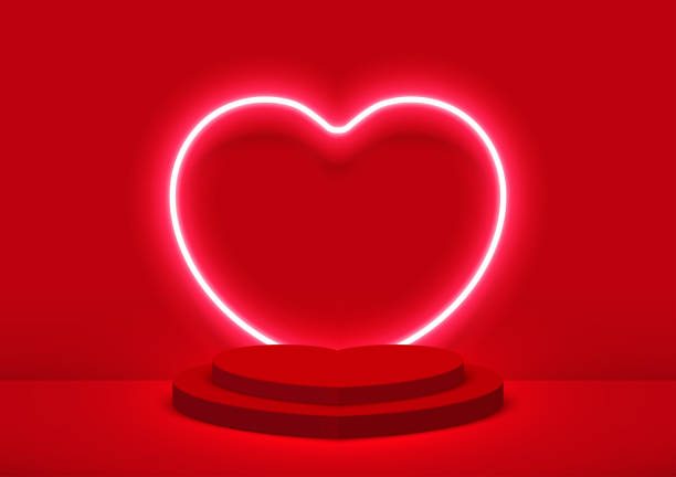 istock Stage podium decorated with heart shape neon lighting. Pedestal scene with for product display on Red background. Valentine's day background. Minimal style. Vector illustration. 1366350202