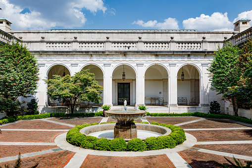 Washington DC - July 26, 2021: Courtyard garden, designed in  Italian Renaissance style, of the Smithsonian Freer Gallery of Art located on the National Mall