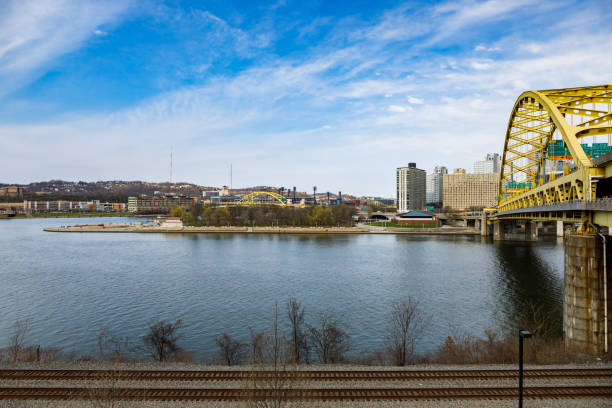 Pittsburgh, PA - April 3, 2021: View of downtown Pittsburgh, Point State Park, the Fort Pitt Museum and the Fort Pitt Bridge from across the Monongahela River where it meets the Ohio and Allegheny Rivers