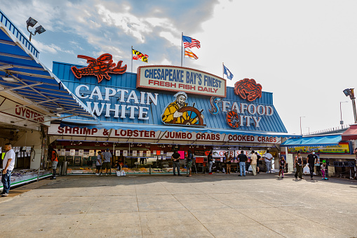 Washington, DC - July 26, 2021: The open air Municipal Fish Market, the oldest of its kind in the United States, at the District Wharf, where locals buy fresh seafood